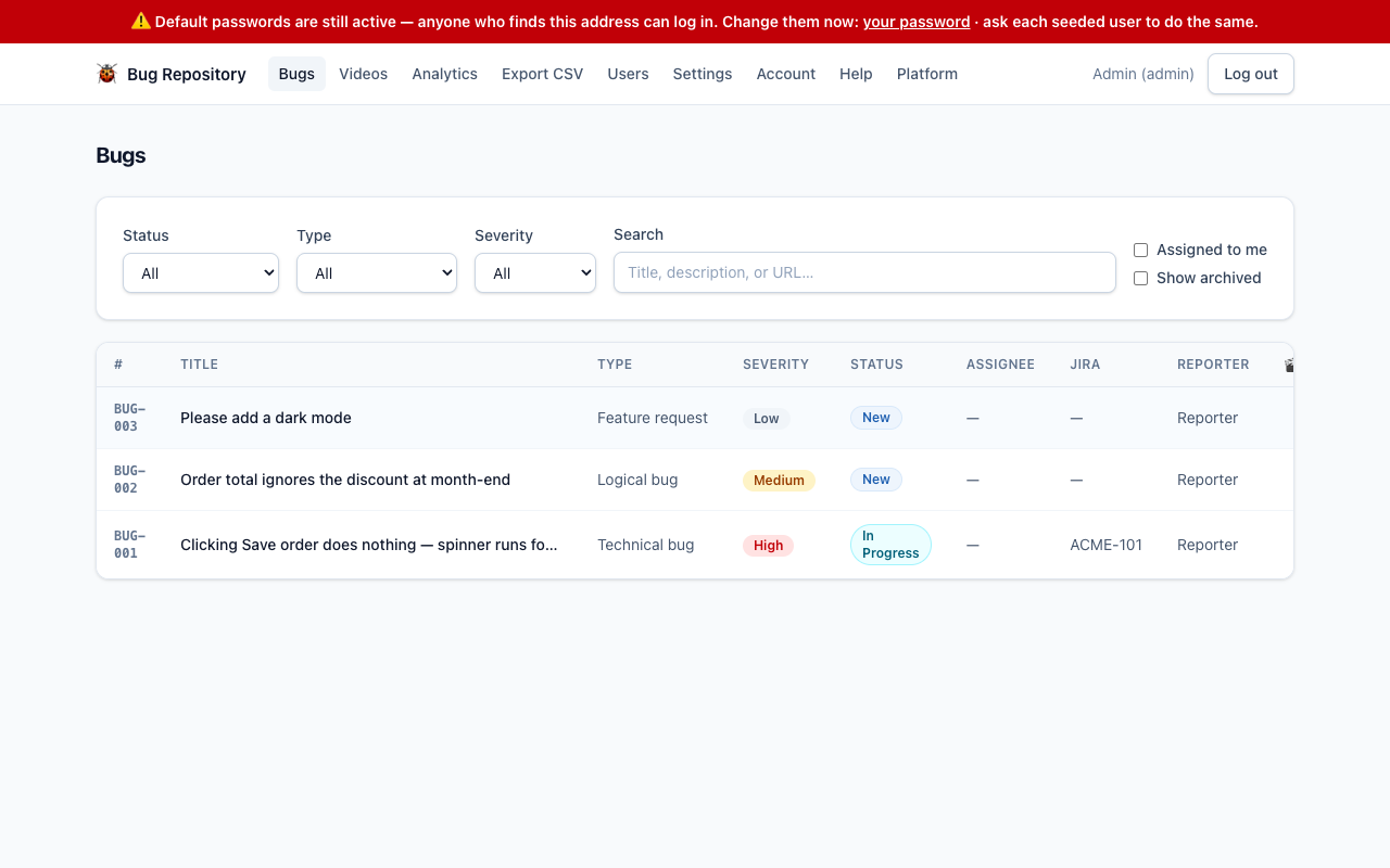 The Bug Reporter dashboard showing a list of reported bugs with statuses and severities